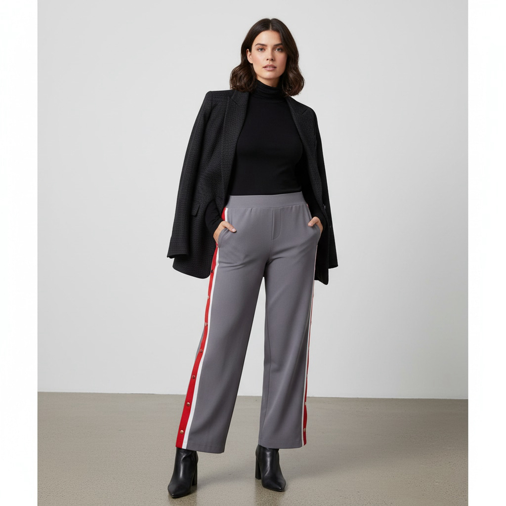 IMAN Global Gunmetal Red Stripe Chic Snap Track Pant Wide Leg Trouser Size 2x
